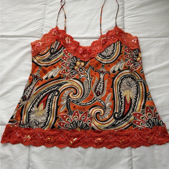 Y2K New York & Co Silk Paisley Cami Top Size XL Orange Beaded Lace Sequins Fairy - Picture 2 of 10